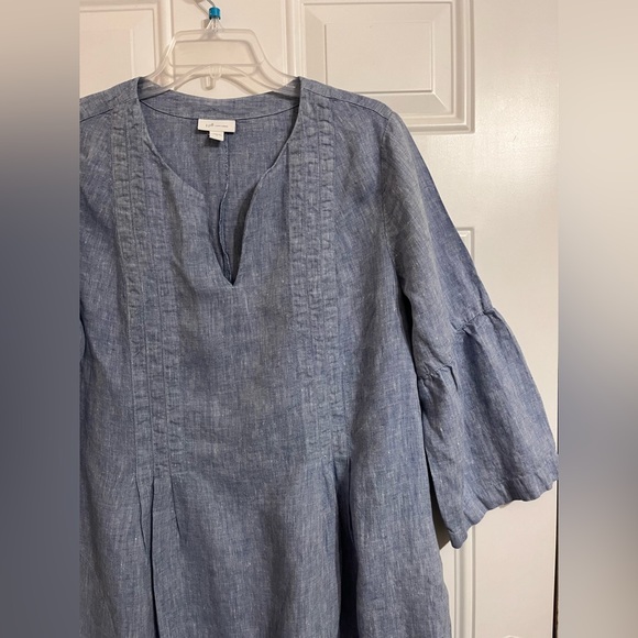 J Jill Love Linen Dress Blue Sheath Tunic 3/4 Bell Sleeves Pockets Women’s L - Picture 3 of 10